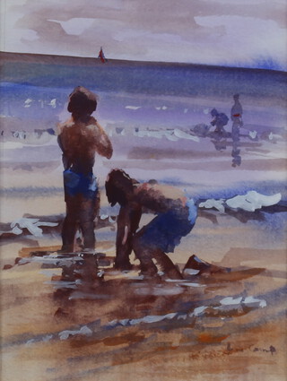 Jane Camp, watercolour, children playing on a beach 20cm x 15cm 
