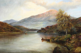 19th Century oil on canvas, extensive Scottish lock scene with figures and distant mountains, 49cm x 74cm 