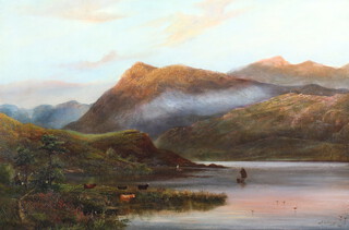 A Rollings, oil on canvas signed, a Scottish loch scene with cattle and distant mountains 49cm x 75cm 