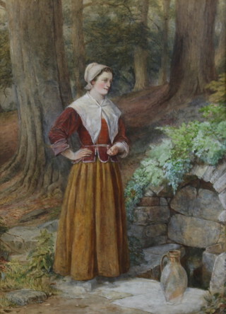 Edwardian watercolour, unsigned, a lady water carrier standing beside a fountain in a woodland setting, 28cm x 20cm 