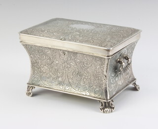 A rectangular Austrian silver trinket box with waisted body engraved with flowers with drop scroll handles raised on scroll feet 12cm, 350 grams 
