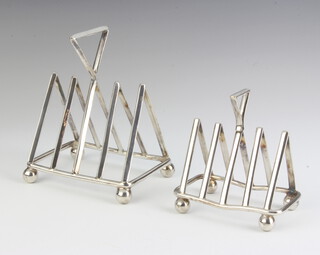 A Christopher Dresser style 5 bar silver plated angular toast rack on ball feet 10cm, a smaller ditto 9cm 
