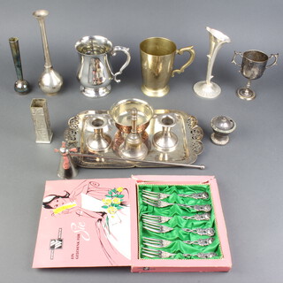A silver plated tray and minor plated wares