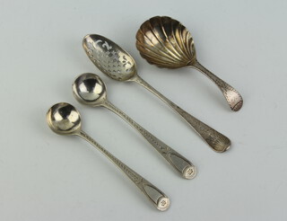 A George IV silver caddy spoon with shallow bowl, London 1827, 3 other spoons, 36 grams