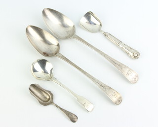 A William IV silver table spoon London 1890, 1 other tablespoon and 3 caddy spoons, 165 grams