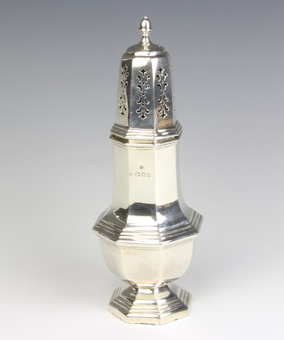 A Queen Anne style octagonal silver shaker, London 1937, 219 grams