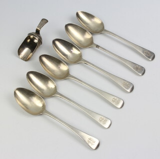 A set of 6 George IV silver teaspoons with chased monogram, London 1828, ditto shovel caddy spoon, 109 grams