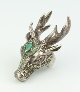 A silver gem set deers head ring size Q, 34 grams