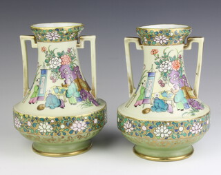 A pair of Japanese baluster 2 handled vases decorated with figures 18cm 