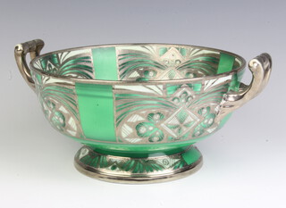 An Art Deco Noritake green and silver decorated 2 handled pedestal bowl 21cm 