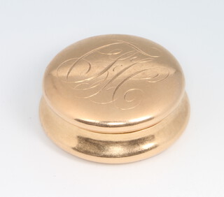 A 13ct yellow gold cylindrical pill box engraved with a monogram, stamped George C Shreve & Co. San Francisco, 14.5 grams, 33mm 