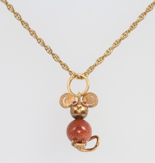 A 9ct yellow gold hardstone mouse pendant on a ditto chain, 6.2 grams
