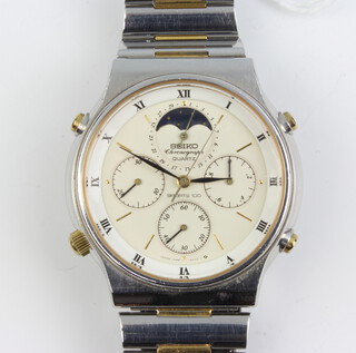 A gentleman's steel cased Seiko chronograph quartz Sports 100 moon phase wristwatch on a ditto bi-metallic bracelet, boxed 