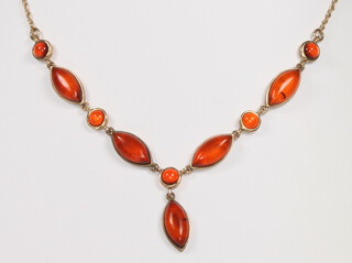 A 9ct yellow gold amber necklace and earrings 