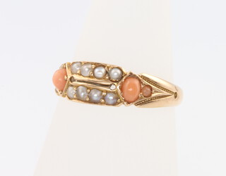 A 15ct yellow gold coral and seed pearl ring size N, 2.3 grams