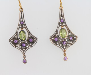 A pair of silver gilt amethyst and diamond drop earrings 