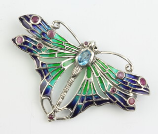 A silver blue topaz and enamel butterfly brooch 