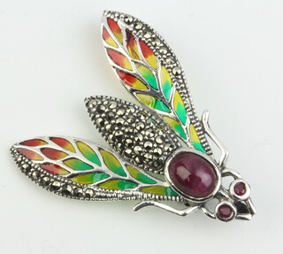 A silver ruby, marcasite and enamelled bug brooch 