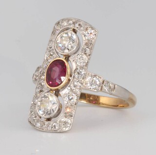 A Victorian style 18ct yellow gold ruby and diamond up finger ring, size O 