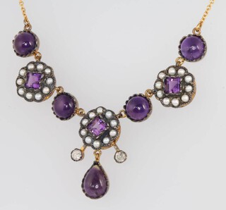 A silver gilt Edwardian style cabochon amethyst, seed pearl and diamond necklace 