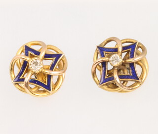 A pair of 18ct yellow gold enamel and diamond ear studs 4.6 grams
