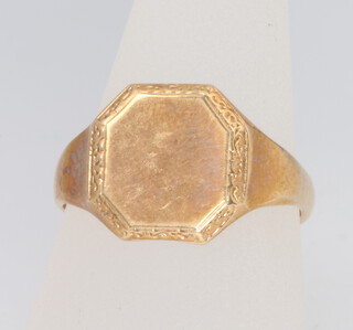 A 9ct yellow gold octagonal signet ring size U 1/2, 4.9 grams 