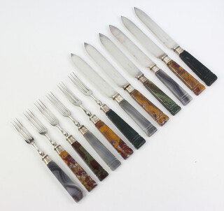A set of 6 knives and forks with plated blades and hardstone handles 