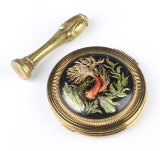 A vintage compact decorated with an exotic fish 7cm and a brass desk seal