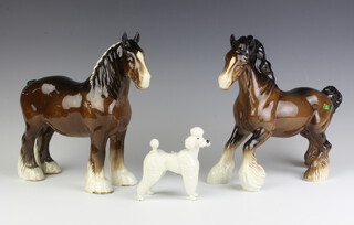 Two Beswick figures - cantering shire horse H975 brown gloss 22.2 cm, a shire mare H818  brown gloss 21.6cm and a poodle H1386 in white 8.9cm, all modelled by Arthur Greddington 