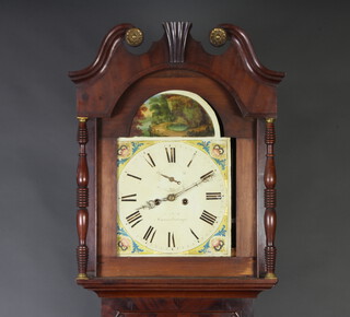 Thomas Snow of Knaresborough, a 19th Century 8 day striking longcase clock, the 34 1/2cm arch painted dial decorated a river and with floral spandrels, dial marked TS Snow of Knaresborough, complete with weights, pendulum (f) and key,  contained in a mahogany case 237cm h