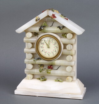 A timepiece with paper dial and Arabic numerals contained in a marble portico style case with vinery decoration 20cm h x 21cm w x 8cm d 