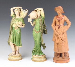 A Royal Dux figure of a classical lady holding an urn 35cm (chipped), a ditto of a robed gentleman carrying a basket on his shoulder 37cm  (stuck handle and chip to base) and a matt figure of a farm girl 36cm (stuck)