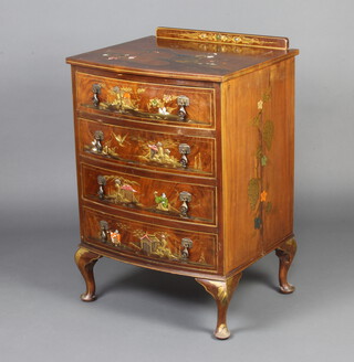 A 1930's walnut and lacquered chinoiserie style bow front chest of four long drawers with drop handles and raised back, raised on cabriole supports 91cm h x 61cm x 52cm 