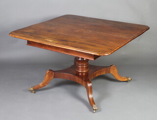 A William IV rectangular mahogany pedestal extending dining table with 1 extra leaf, raised on a turned column with triform base and splayed feet 74cm h x 123cm w x 121cm l x 187cm l with  leaf 