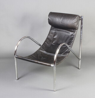 An Eames style mid 20th Century chrome and black leather open arm chair 