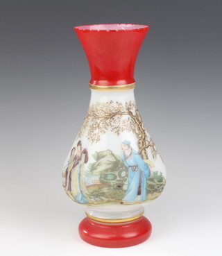 20th Century Chinese painted opaline glass vase decorated with figures in a garden 31cm 
