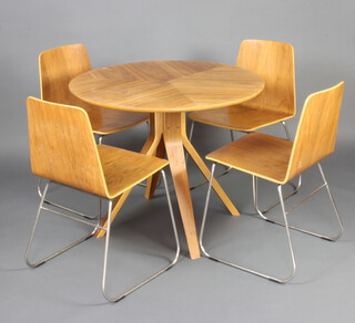 Mid Century, a circular plywood and chrome dining suite comprising circular pedestal table raised on 4 outswept supports 73cm h x 90cm and 4 plywood and chromium framed dining chairs 