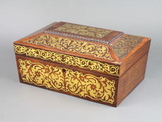 A Victorian rosewood and inlaid brass sarcophagus shaped trinket box with hinged lid 13cm x 32cm x 22cm 