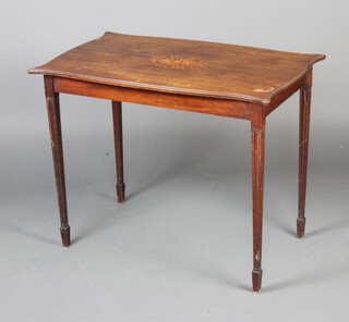An Edwardian shaped inlaid mahogany occasional table raised on square tapered supports, spade feet, 71cm h x 90cm w x 55cm d 