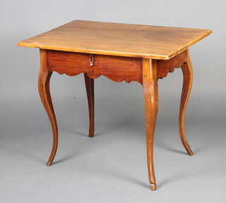 A Continental fruitwood rectangular occasional table with hinged lid, raised on cabriole supports 75cm h x 90cm w x 62cm d  