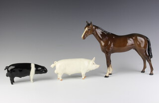 A Beswick figure - Wessex Saddleback Boar Fair Acre Viscount no.1512, modelled by Colin Melbourne 7cm, black and white gloss (stuck leg), ditto Wool Champion Boy 53rd no.1453a by Arthur Greddington 7cm (stuck leg) and a brown stallion 20cm brown gloss 