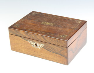 A Victorian rosewood and inlaid mother of pearl sewing box with hinged lid fitted a tray 10cm x 25cm w x 17cm d 
