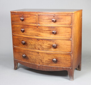 A 19th Century mahogany bow front chest of 2 short and 3 long drawers with tore handles, raised on outswept bracket feet 108cm h x 114cm w x 55cm d 