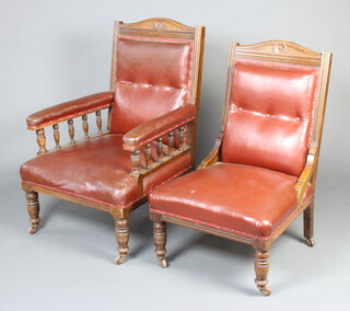 A late Victorian carved oak show frame armchair with bobbin turned decoration together with a similar nursing chair 
