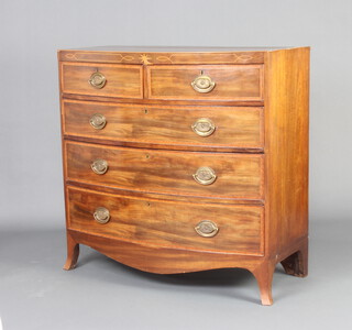 A Georgian inlaid mahogany bow front chest of 2 short and 3 long drawers, raised on bracket feet 104cm h x 105cm x 54cm d 
