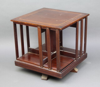 An Edwardian square inlaid mahogany table top revolving bookcase 35cm x 36cm x 36cm 