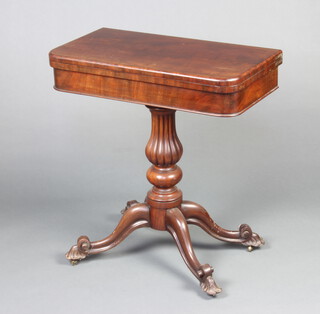 A Victorian mahogany D shaped card table of small proportions raised on a bulbous turned and reeded column, tripod base 73cm h x 68cm w x 35cm d 