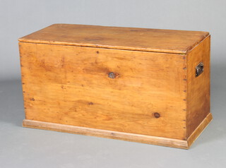 A Victorian pine coffer with hinged lid and iron drop handles, raised on a platform base, 53cm h x 100cm w x 45cm d 