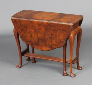A Queen Anne style figured walnut gate leg drop flap occasional table, raised on cabriole supports 49cm h x 60cm w x 23cm when closed x 75cm l when open 
