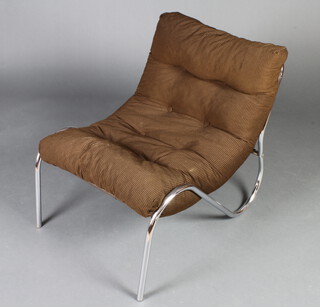 A stylish Mid Century chromium framed easy chair in the style of Peter Hoyte, upholstered in brown corduroy 
